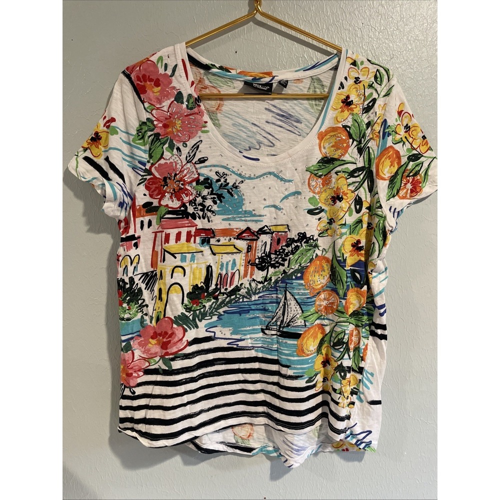 Mediterranean Coast Beachy Rhinestones Short Sleeve T Shirt Travel Cruise XL